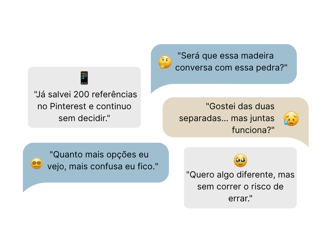 Balõezinhos de chat com falas como 'Será que essa madeira conversa com essa pedra?', 'Quanto mais opções eu vejo, mais confusa eu fico', 'Já salvei 200 referências no Pinterest e continuo sem decidir', 'Gostei das duas separadas, mas juntas funciona?', 'Quero algo diferente, mas sem correr o risco de errar'