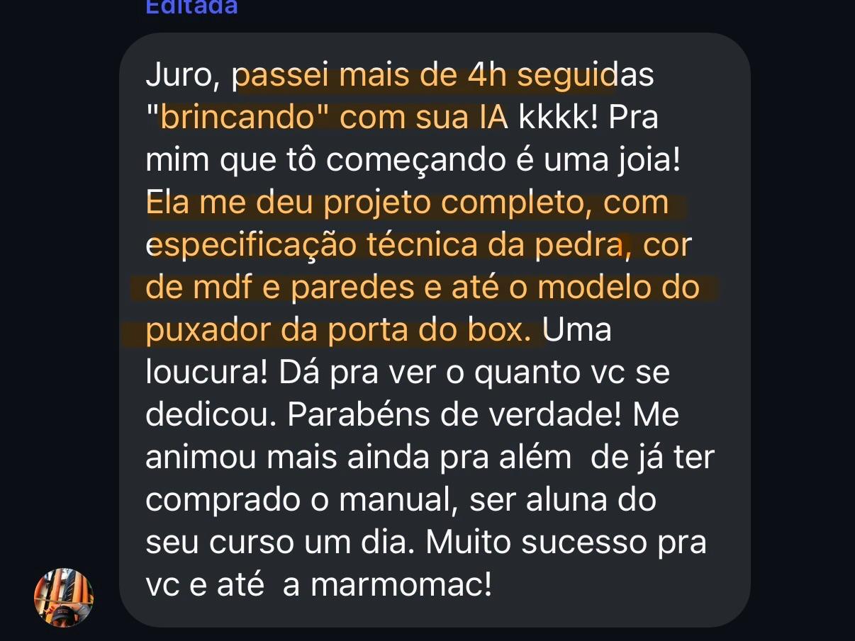 Cliente passou mais de 4 horas brincando com a IA e recebeu projeto completo com especificação técnica
