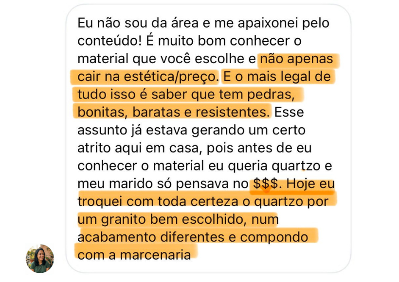 Depoimento de cliente que trocou quartzo por granito com o Manual