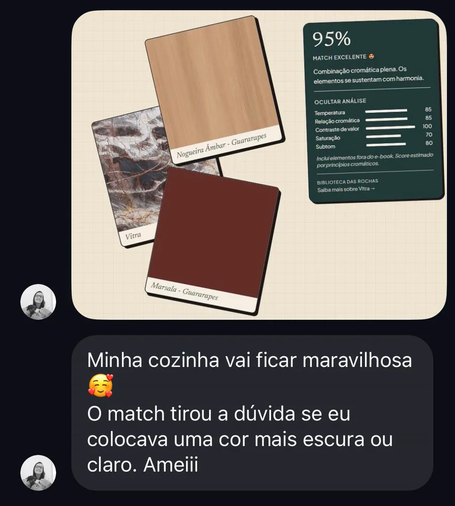 Depoimento com card de 95% de match: Vitra + Nogueira Âmbar + Marsala