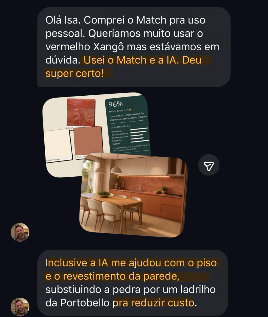 Depoimento com card de 96% de match com a rocha Xangô e cozinha terracota