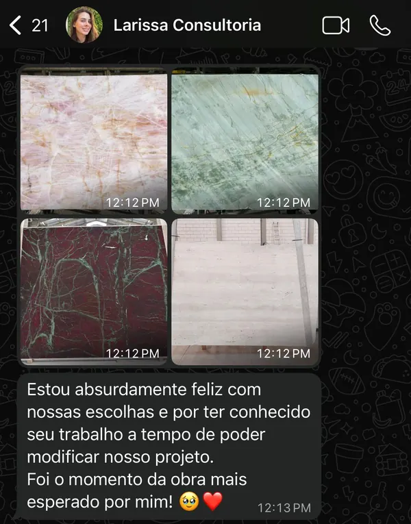 Print de conversa da Larissa com fotos das pedras escolhidas na consultoria
