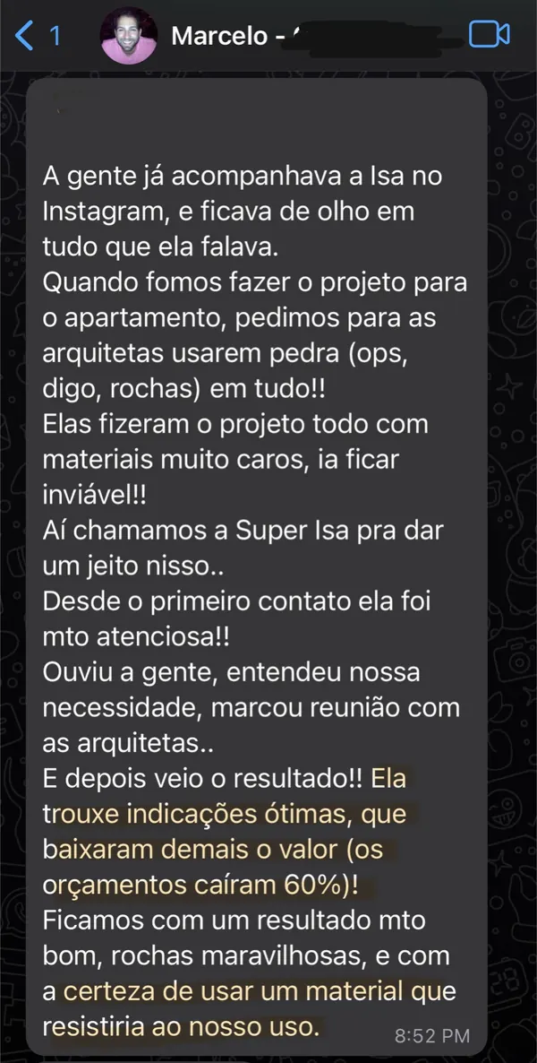 Print de conversa no WhatsApp com Marcelo agradecendo o resultado da Consultoria Rocca
