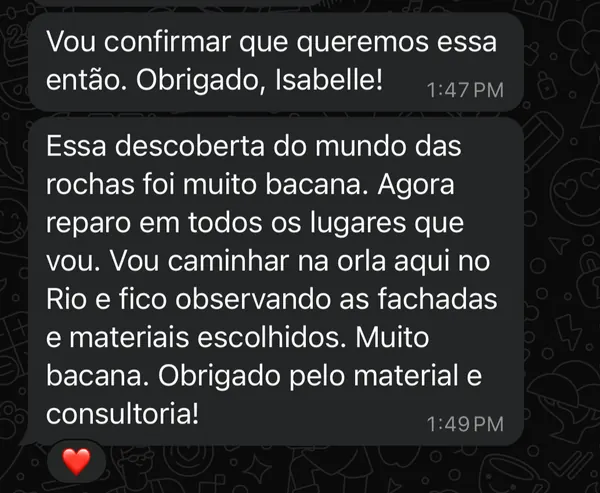 Print de depoimento de cliente da consultoria sobre descoberta das rochas