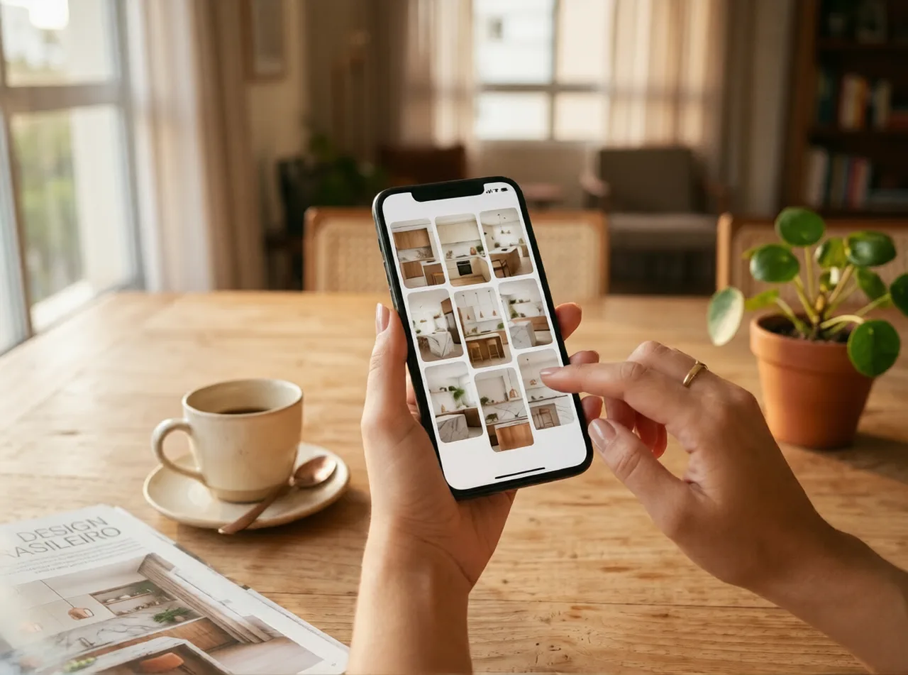 Mãos segurando celular com moodboard de cozinhas em estilo Pinterest